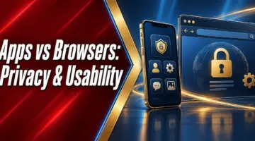 App and browser privacy comparison with a smartphone, browser window and lock