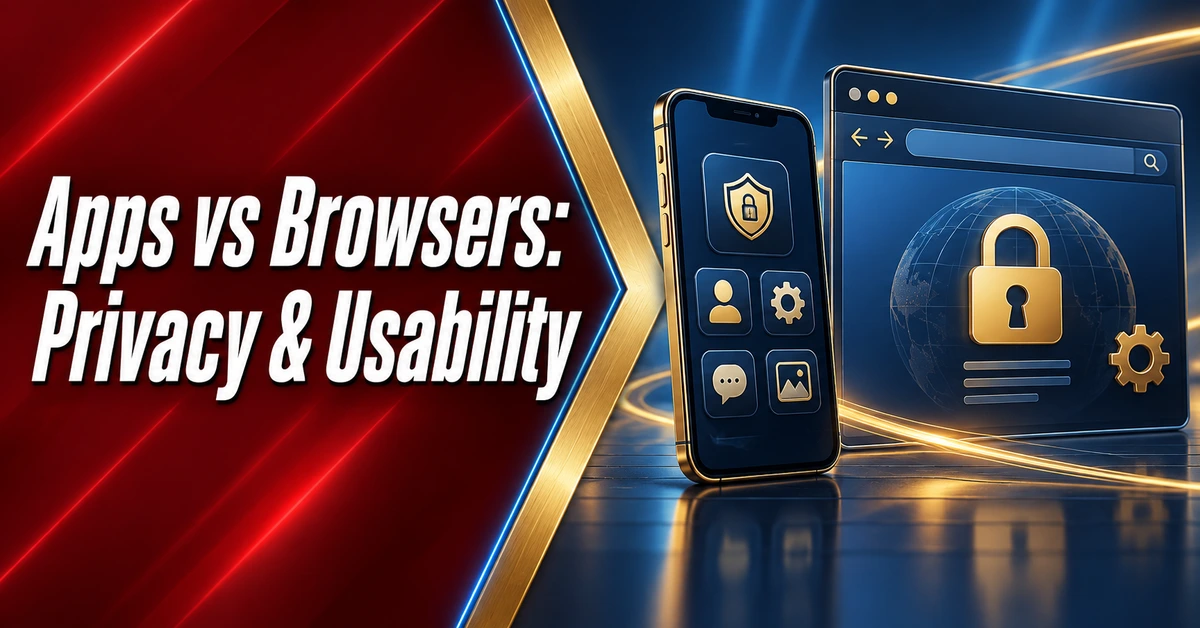 App and browser privacy comparison with a smartphone, browser window and lock
