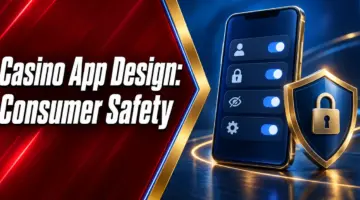 Casino app design and consumer safety illustrated with phone privacy settings and a lock shield