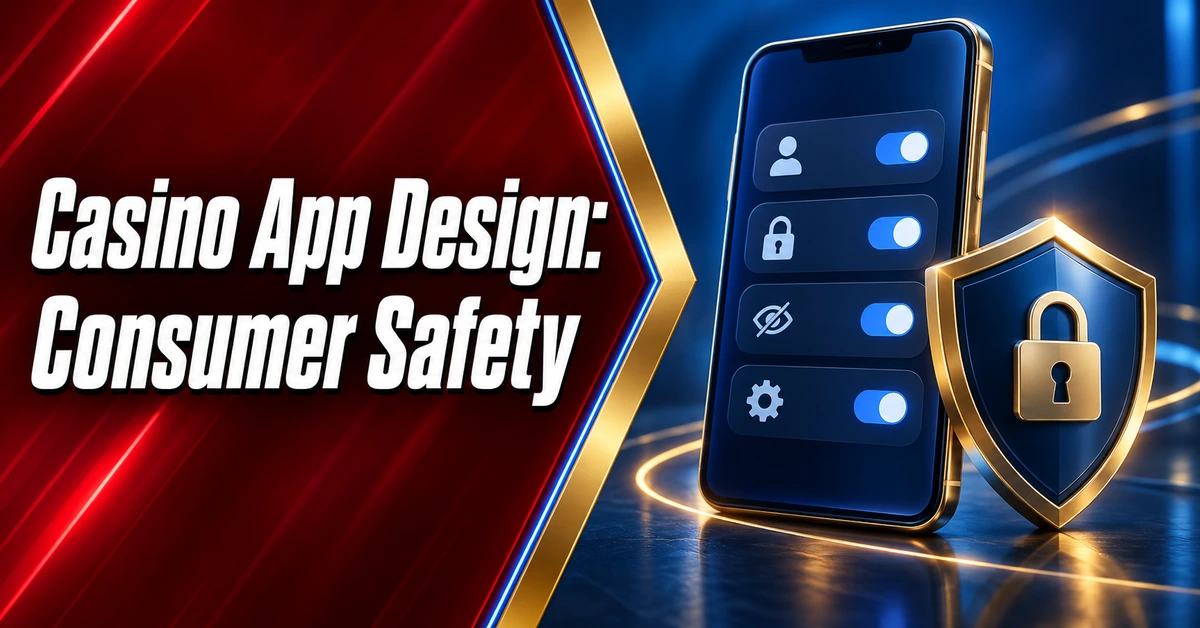 Casino app design and consumer safety illustrated with phone privacy settings and a lock shield