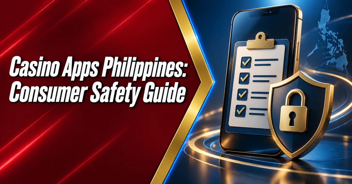 Consumer safety guide for casino apps in the Philippines, illustrated by a checklist and privacy shield
