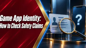 Checking game app identity and safety claims using a magnifying glass and identity card