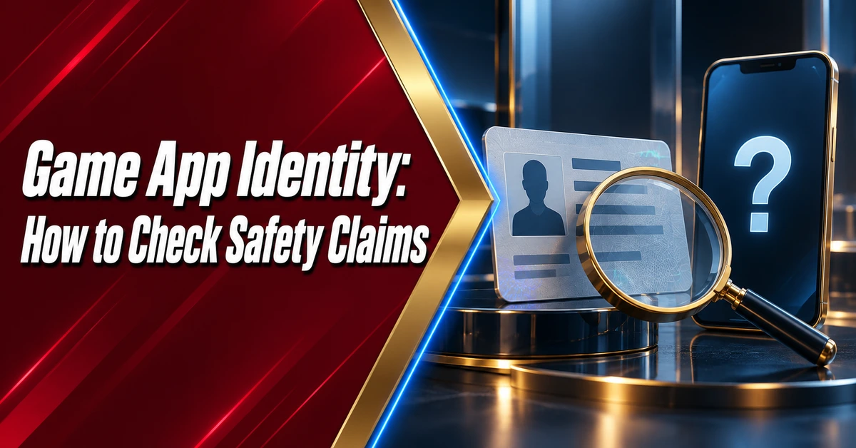 Checking game app identity and safety claims using a magnifying glass and identity card
