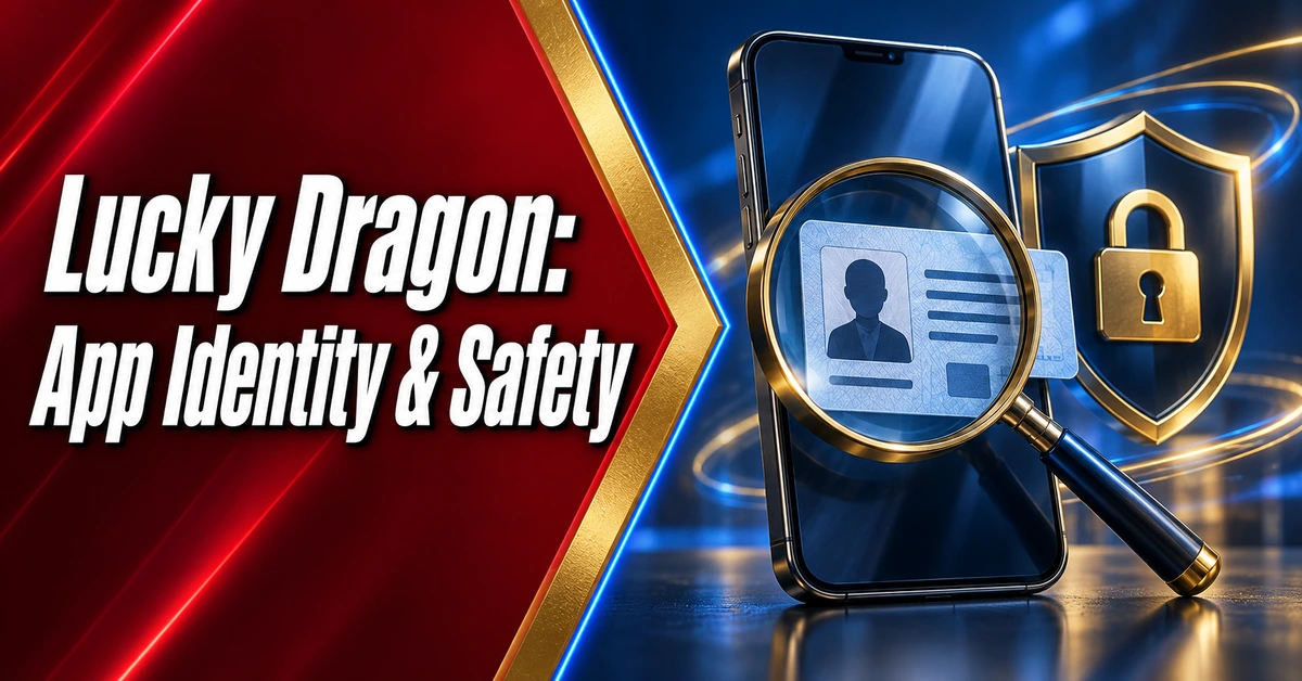 Lucky Dragon app identity and safety checks illustrated by a smartphone, magnifying glass and privacy shield