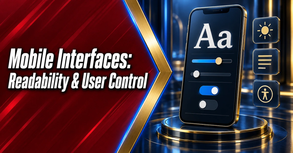 Mobile interface readability and user control illustrated with text size, sliders and accessibility settings