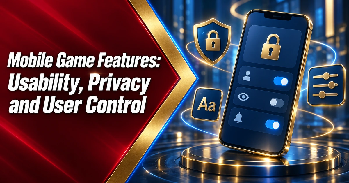 Mobile game usability, privacy and user control illustrated with a smartphone, lock and accessibility controls
