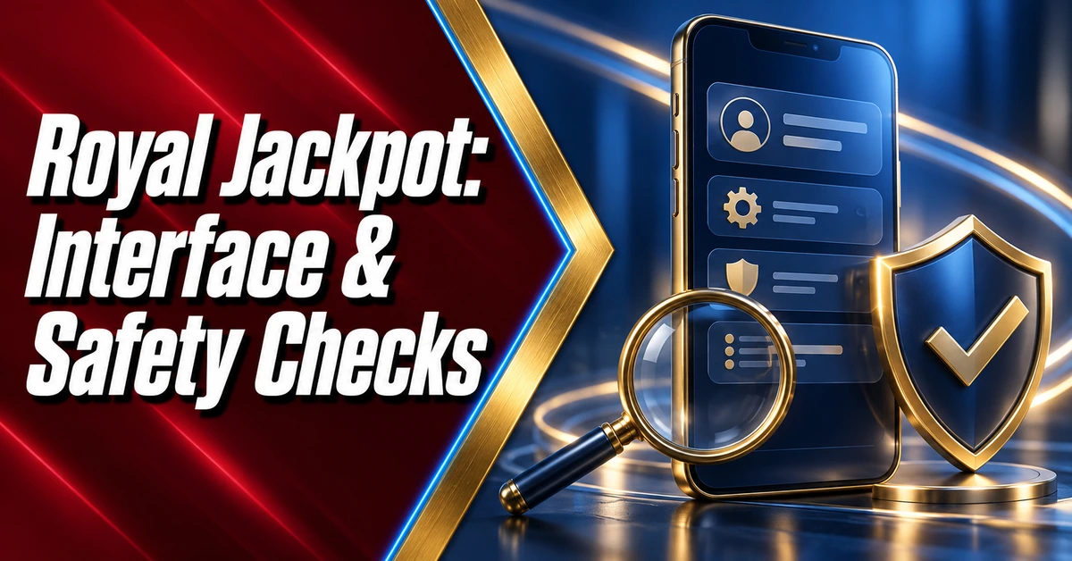 Royal Jackpot interface and safety checks illustrated with a smartphone and magnifying glass